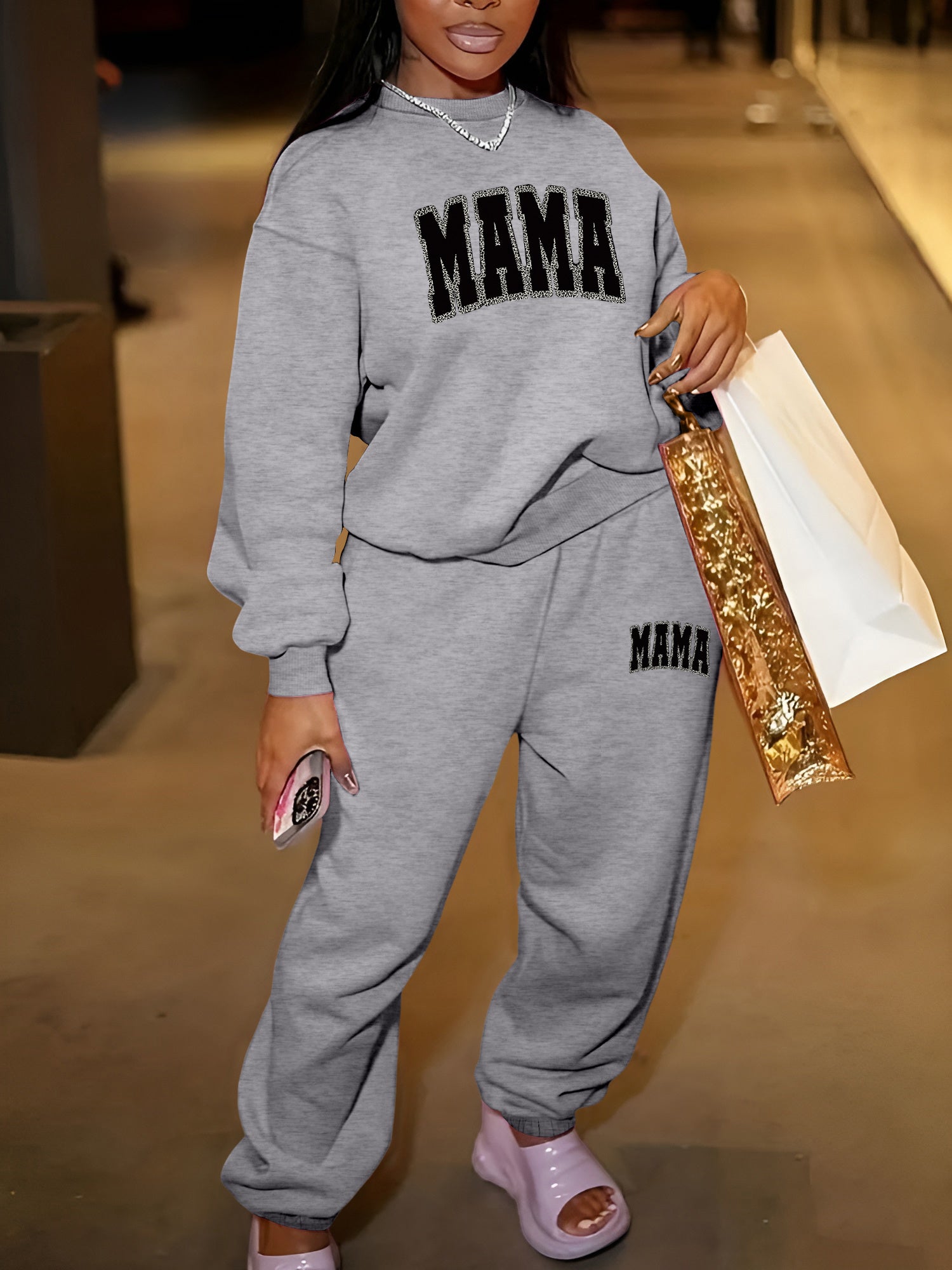 1set Women'S Casual Crew Neck Sweat Suit, Polyester Knit Fabric with Alphabet Pattern, Long-Sleeve Sweatshirt and Sweatpants Set for Fall/Winter