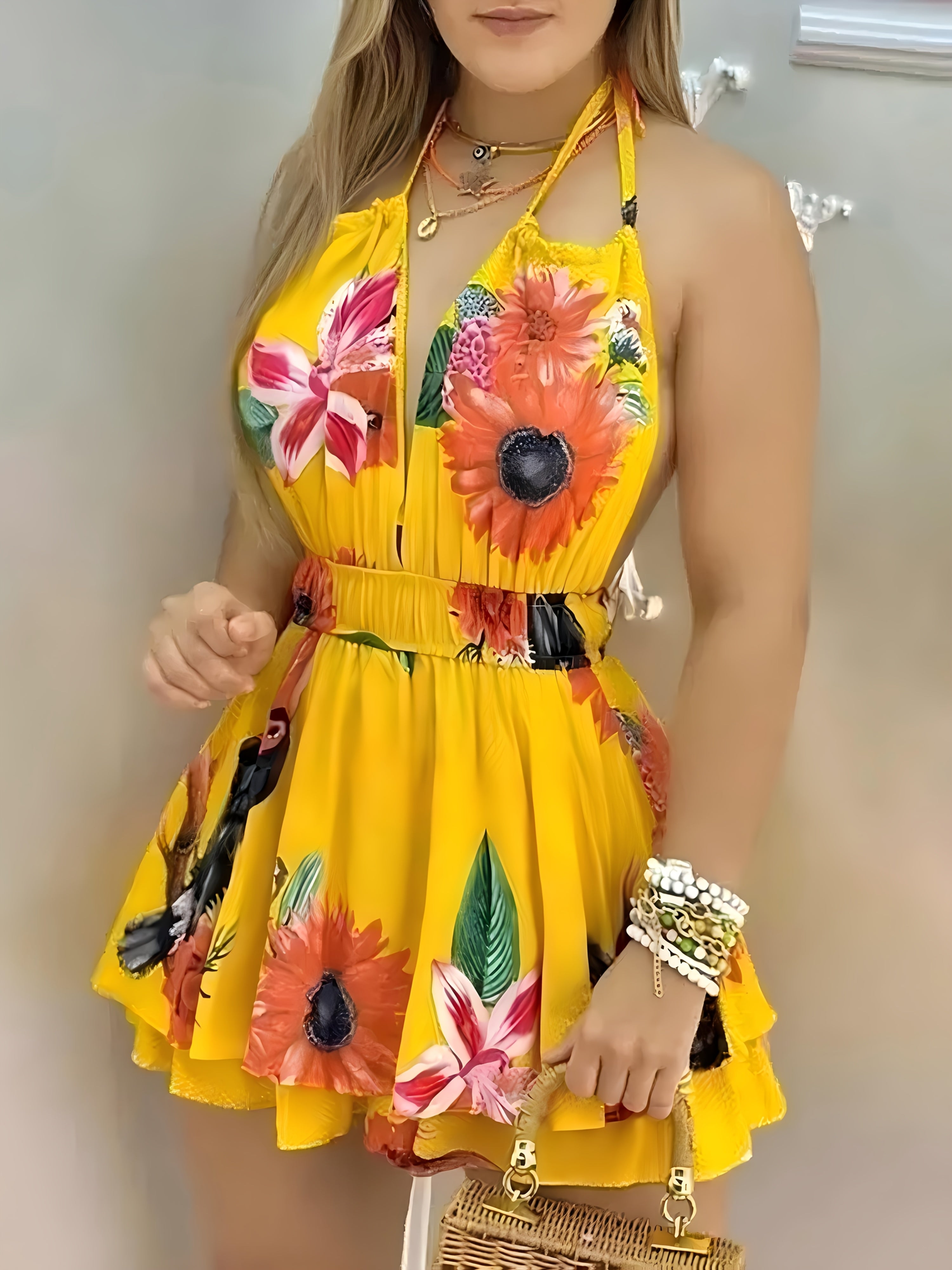 New Spring and Summer Elegant Mini Dress, High Waist Backless with Straps, Perfect for Vacation and Cruise Travel