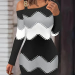 Print Off-Shoulder Color Block Dress for Women - Chic Long Sleeve, Zigzag Pattern, Stretchy Polyester Blend with Chain Detail, Machine Washable - Perfect for Spring & Fall