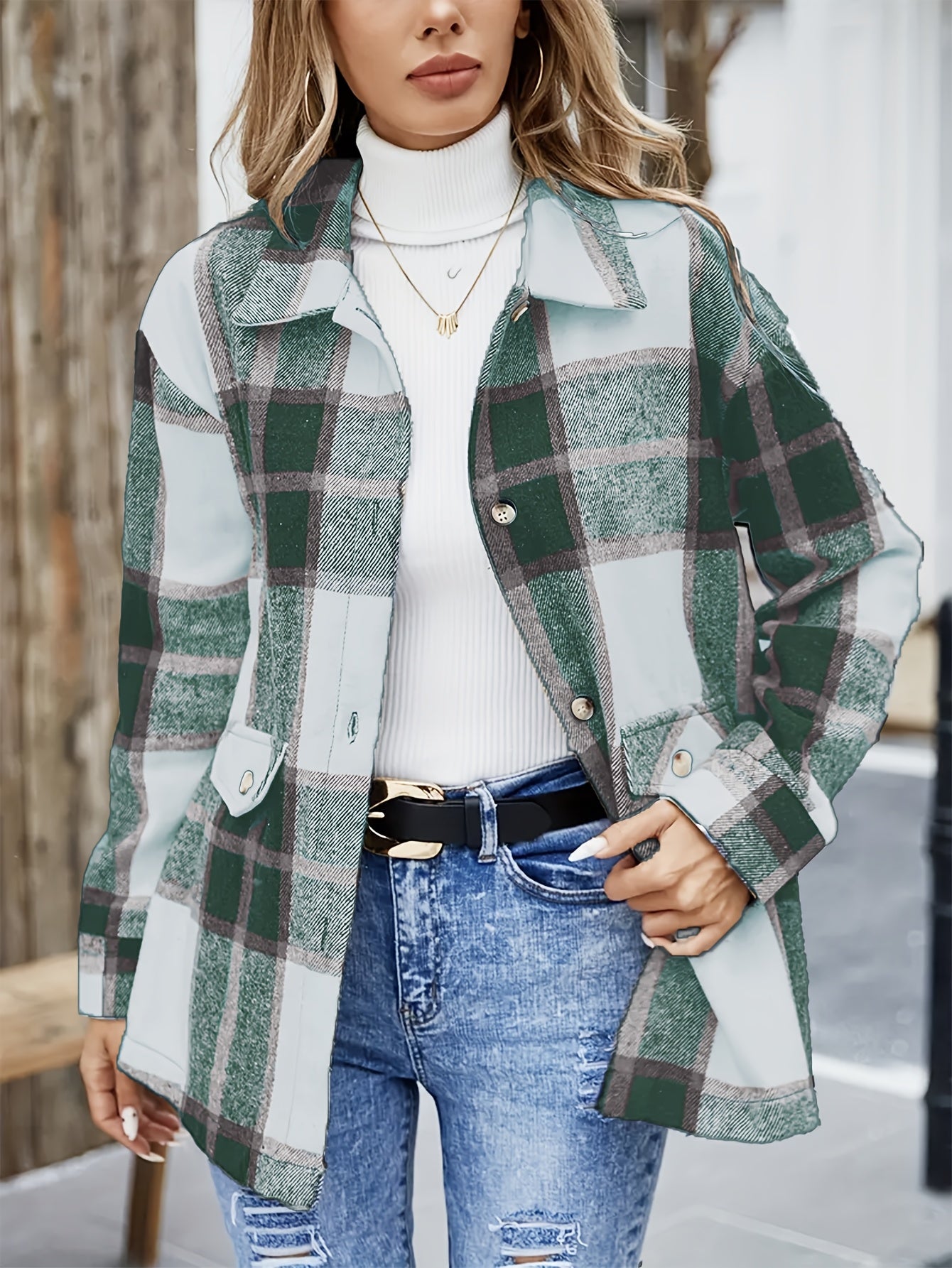 Elegant Plaid Long Sleeve Shirt, Women'S Blue, Polyester, Lapel Collar, Woven, 120gsm, for Spring/Summer