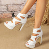Women'S White Block Heel Sandals - Open Toe Hollow-Out Design with Large Buckle, Solid Color, Zipper Closure, Man-Made Upper/Inner/Rubber Sole, Ultrahigh Heel