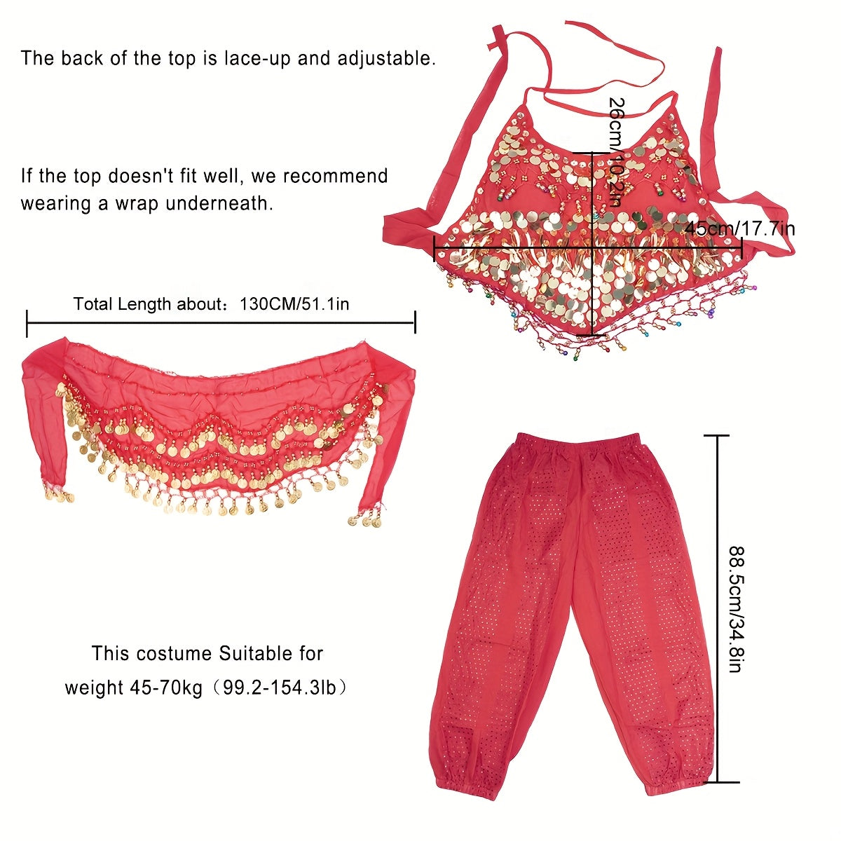 Glamorous 4pcs Indian Dance Costume Set - Headpiece, Bra, Trousers & Waist Chain - Vibrant Red & Golden Accents, Polyester Material - Perfect for Holidays, Performances & Festivals, Festival Attire|Exotic Attire|Polyester Cos