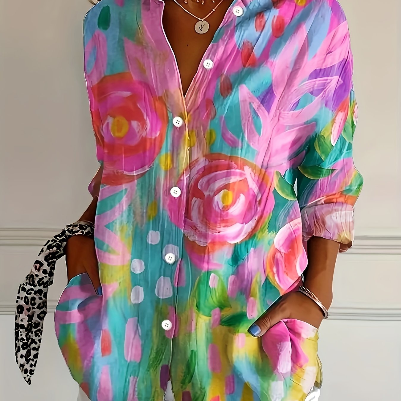 Vibrant Floral Print Women's Button-Up Shirt - Long Sleeve, Collared, Lightweight Spring/Summer Blouse in Pink, Blue, Yellow & Green, Ladies Blouses