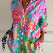 Vibrant Floral Print Women's Button-Up Shirt - Long Sleeve, Collared, Lightweight Spring/Summer Blouse in Pink, Blue, Yellow & Green, Ladies Blouses
