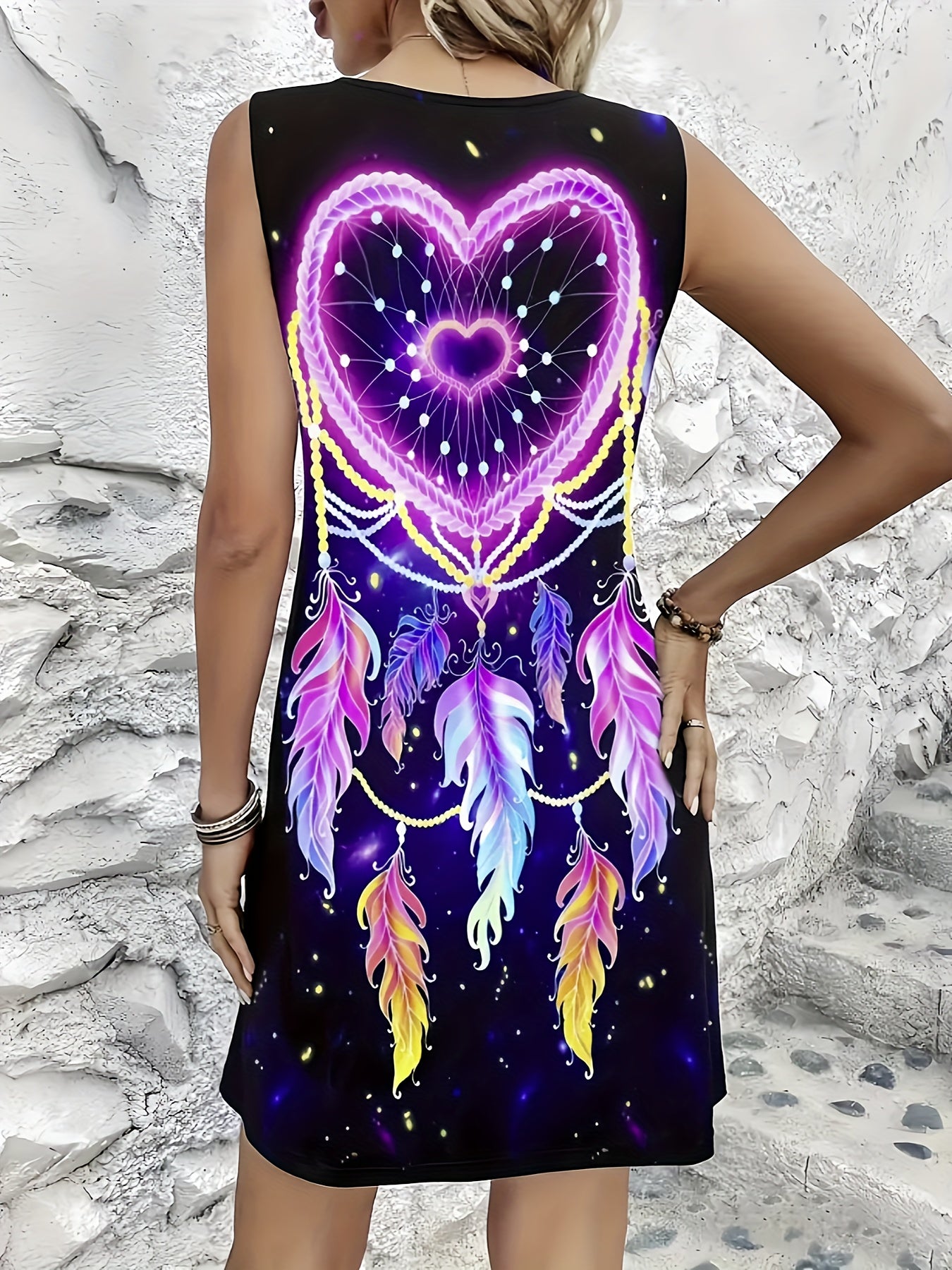 Bohemian Midi Dress for Women, Colorful Print with Dreamcatcher and Ring Accents, Sleeveless Crew Neck, Polyester Knit Fabric, Regular Fit, Spring/Summer/Fall Collection