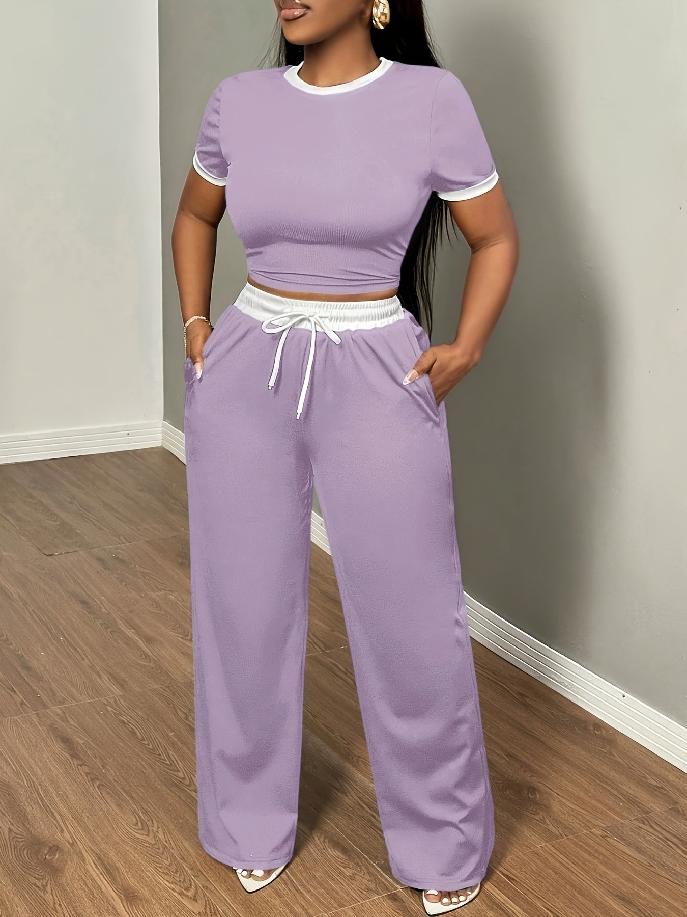 Round Neck Contrast Color Fashion Commuting Wearable Short Sleeve Wide Leg Pants 2pcs Women's Pajama Set