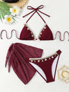 3pcs QVR Women'S Summer Fashion Ruffle Bikini, Polyester and Elastane Blend, Solid Color, High Stretch Knit Fabric, with Lace-Up Detail, for Sun Protection Swimwear Set