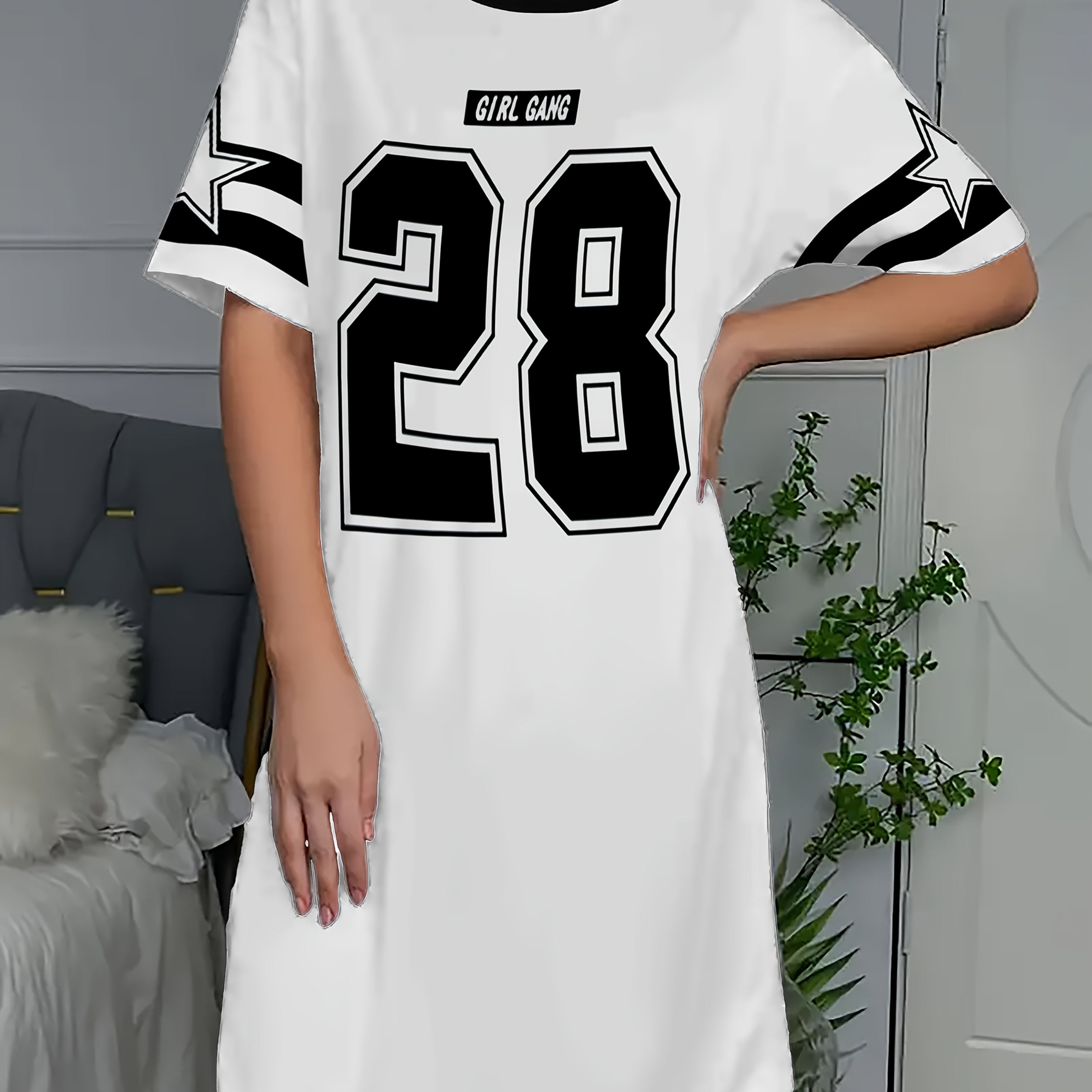 Women's Oversized Long T-Shirt Nightdress with Bold '28' Print & Letter Graphic - Soft Short Sleeve Lounge Dress for Home & Outings, Machine Washable Round Neck Casual Sleepwear, Versatile Nightdress | Modern Casual Dress | E