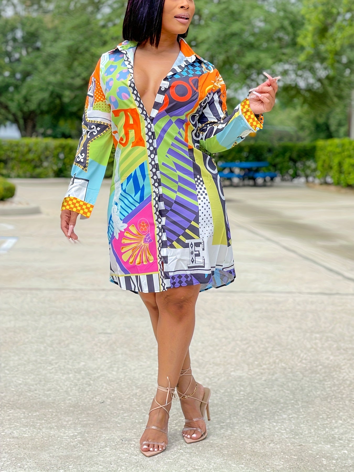 Casual Color Block Print Lapel Collar Shirt Dress, Polyester Elastane Blend, Button Details, Patchwork Pattern, All Season, Women'S Clothing