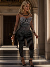 [Rhinestone-Embellished Mesh Jumpsuit] Semi-Sheer Stretchy Polyester Blend Elegant Women's Rhinestone-Embellished Long Sleeve Mesh Jumpsuit - Crew Neck, Perfect for Parties & Dinners