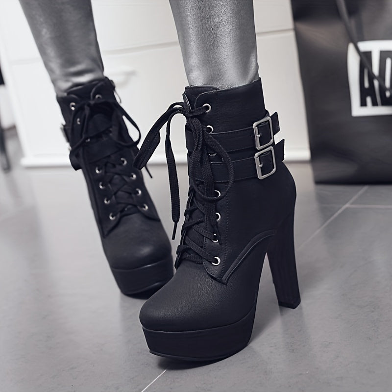 Womens Fashion Solid Color Lace-Up High Heel Boots - Stiletto Heel with Stable Block Base - Secure Buckle Ankle Strap - Trendy & Comfortable