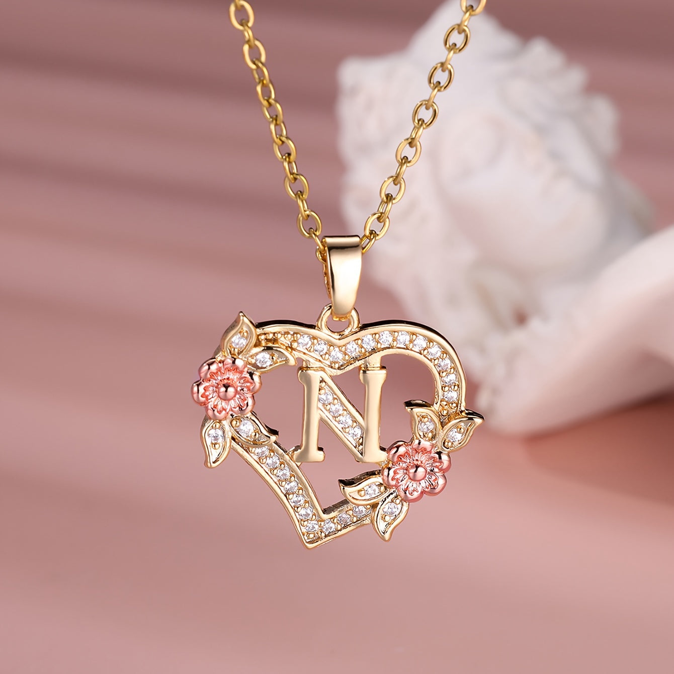 1pc A-Z Letter Love Heart Necklace Elegant zirconia Rose Golden Necklace Valentine'S Day Gift Trendy Jewelry For Women