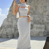 Chic High-Neck Cut-Out Ribbed Knit Two-Piece Set with Split Hem Skirt, Polyester, Machine Washable - All Seasons
