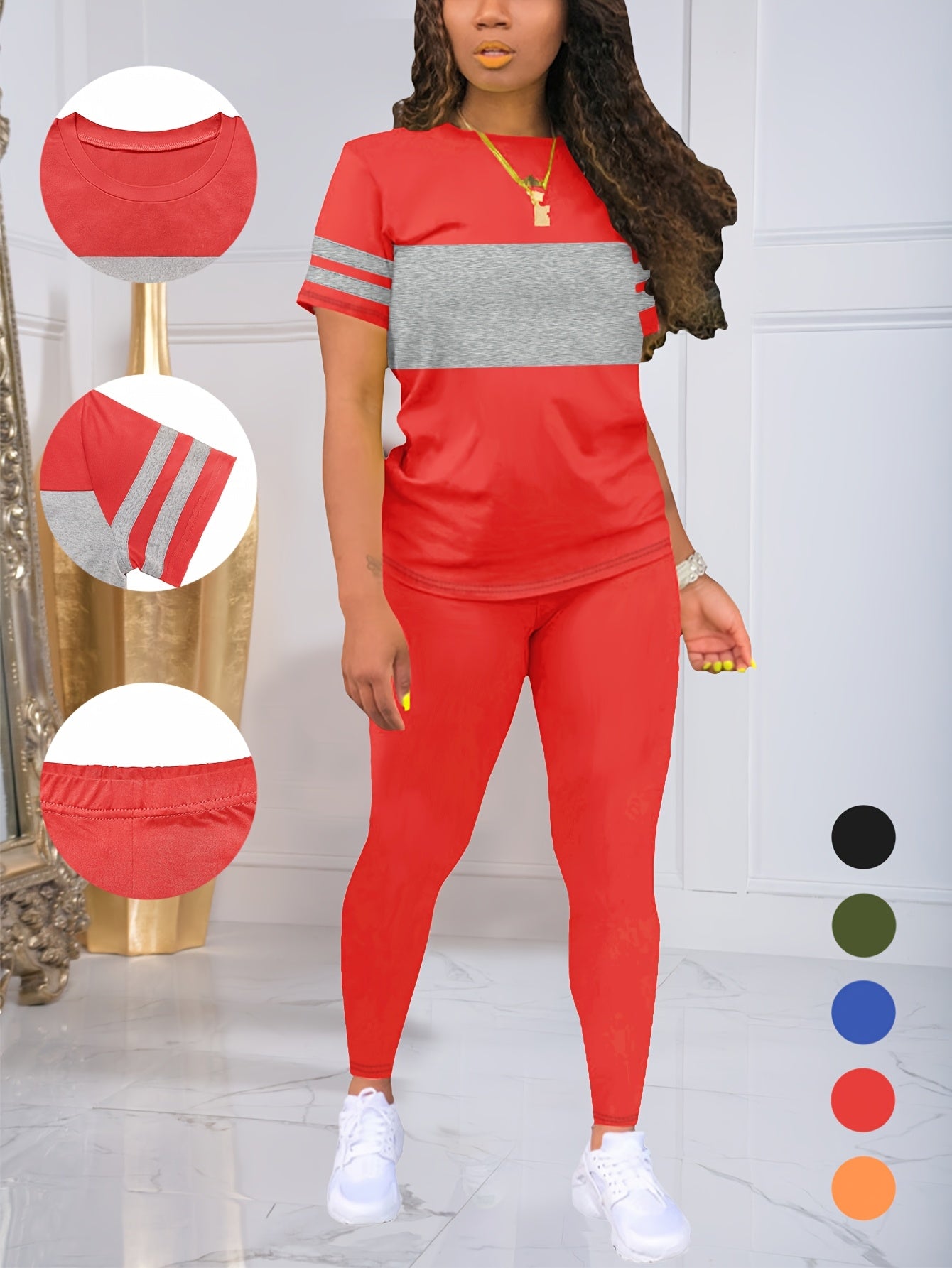 Women's Spring and Summer Round Neck Short Sleeve Top and Pants Set, Solid Color and Colorful Elastic Women's Set