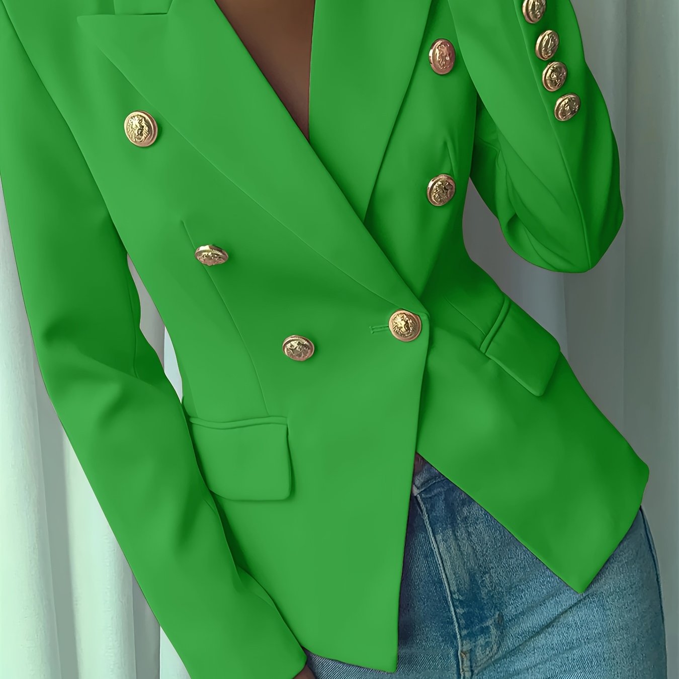 Women's Elegant Pink Double-Breasted Blazer - Polyester, Long Sleeve, Lapel Collar with Golden Buttons, Stylish Work Office Jacket