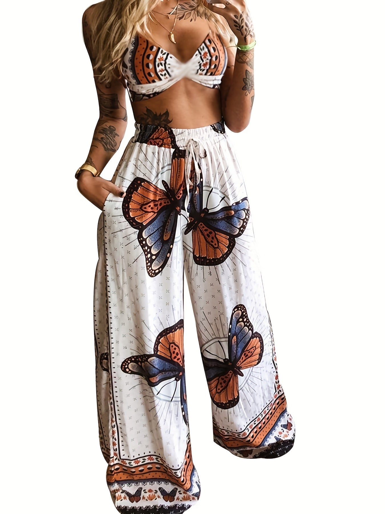Sexy Butterfly Print Two-piece Set, Backless Crop Halter Top & Wide Leg Pants Outfits, Women's Clothing