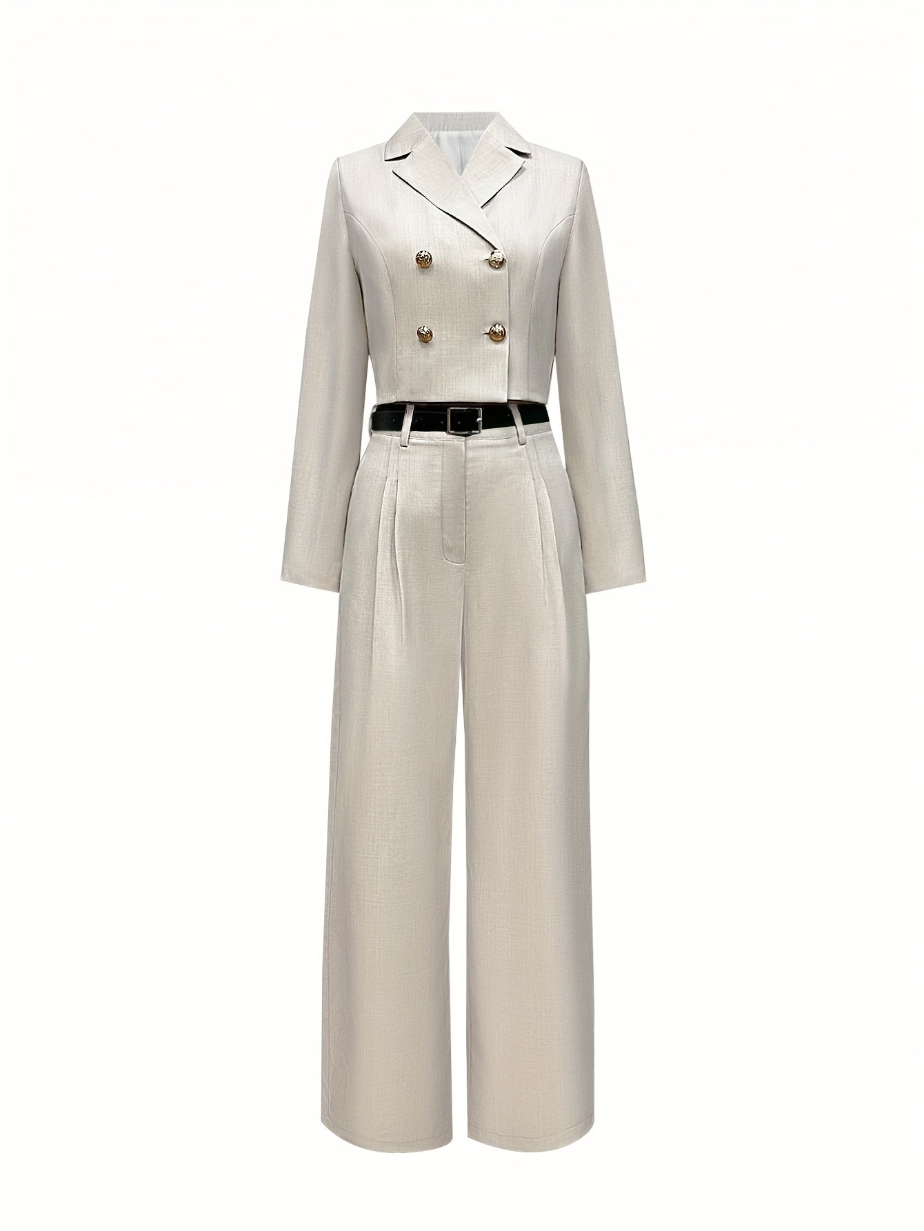 Elegant Two-Piece Long Sleeve Suit - Beige Polyester, Double-Breasted Blazer with Wide Lapels & High-Waisted Flared Pants, Stylish Accessory Bag, Perfect for Fall/Winter, Stylish Workwear | Elegant Two-Tone Suit | Polyester F