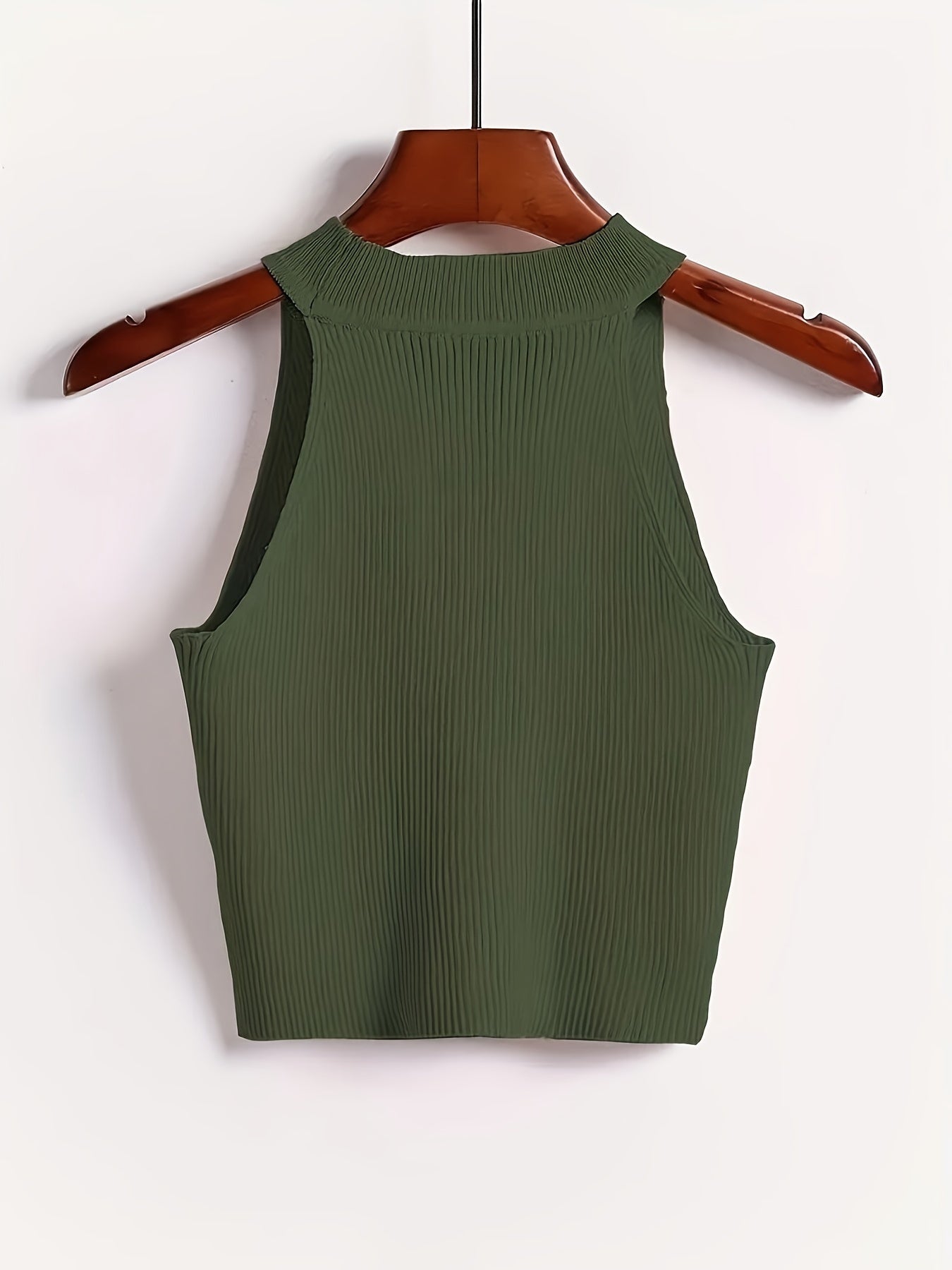 Elegant Green Off-Shoulder Knit Tank Top - Sleeveless, High Neck, Polyester Lining, Perfect for Spring & Fall, Beachwear|Minimalist Fashion|Smooth Texture