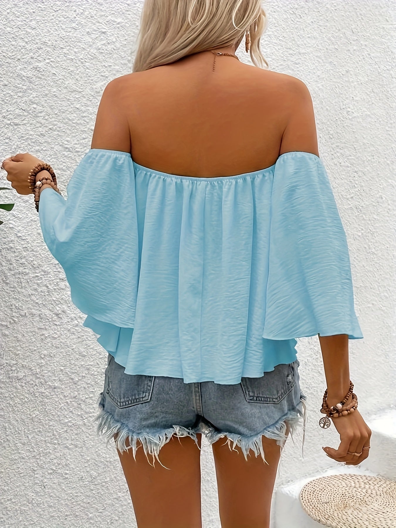 Elegant Off-Shoulder Women’s Blouse - White, Ruffled Bell Sleeves, Cinched Waist, Non-Sheer Polyester, Summer Chic Top for Adults, Ladies Blouses