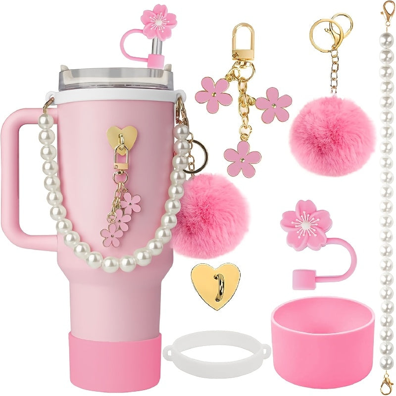 Exquisite 7pcs Cup Accessory Set 40 Ounces: Our Cup Accessory Set Includes Silicone Straw Cap, Rubber Cup Ring, Pearl Chain, Keychain, Bottle Boots, Heart-shaped Keychain, And Heart-shaped Hook, Stylish And Of Excellent Quali