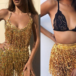 Golden Sequin Fringe Mini Skirt with Adjustable Waistband - Sexy Glamorous Party Dress for Nightclub, Disco, and Festive Occasions - 100% Polyester, Loose Fit, Hand Wash Only
