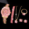 6-Piece Elegant Quartz Wristwatch and Jewelry Set with Round Rhinestone Case, Non-, Zinc Alloy Strap, Classic Simple Dial – Includes Matching Bracelet, Necklace, Earrings, Ring for Special Occasions (Valentine's Day, Easter