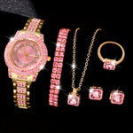 6-Piece Elegant Quartz Wristwatch and Jewelry Set with Round Rhinestone Case, Non-, Zinc Alloy Strap, Classic Simple Dial – Includes Matching Bracelet, Necklace, Earrings, Ring for Special Occasions (Valentine's Day, Easter