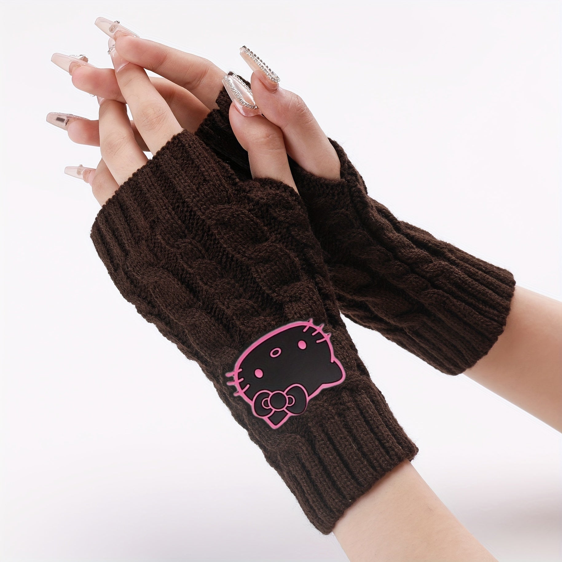 1pc of Sanrio Hello Kitty Cartoon Fashion Pvc Soft Rubber Big Head Decoration Autumn And Winter Leisure Knitting Open Finger Cuff Linen Pattern Short Gloves for Women to Work Cycling Interlocking Warm Wrist Gloves for Women C