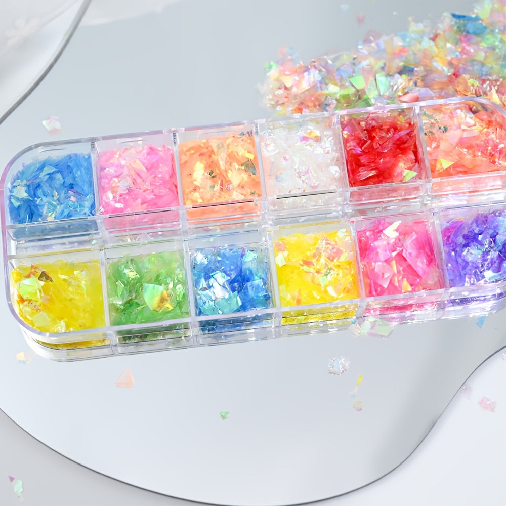12Grid Nail Art Sequins - Ultra-Thin Large Sequins, Luminous Irregular Cut Glitter Pieces Holographic Rainbow Colors for Sparkly Manicures