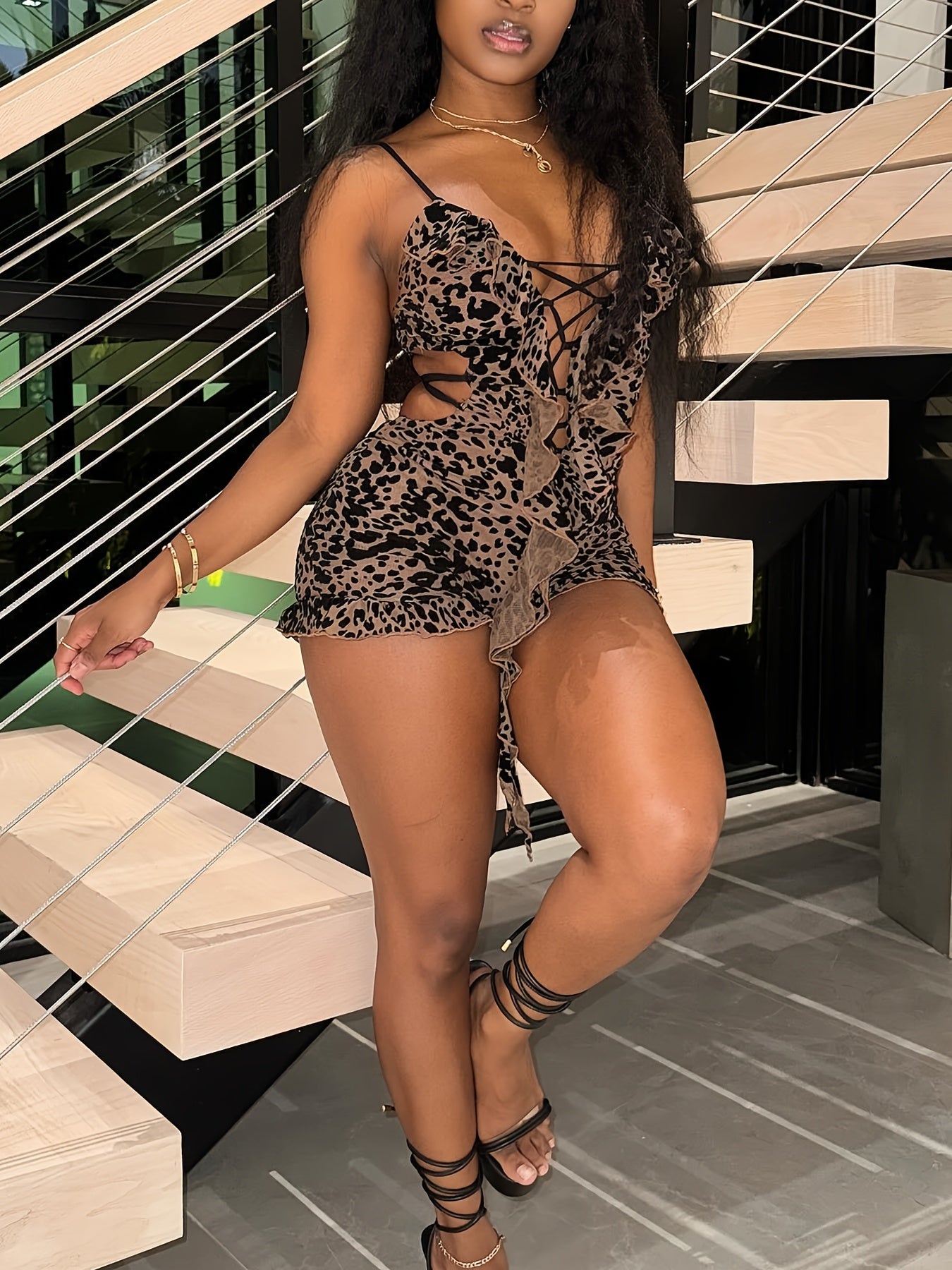 Trendy Street Style Slim Fit Sexy Hot Women'S Lightweight Printed Drawstring Hollow Out Camisole Romper Shorts