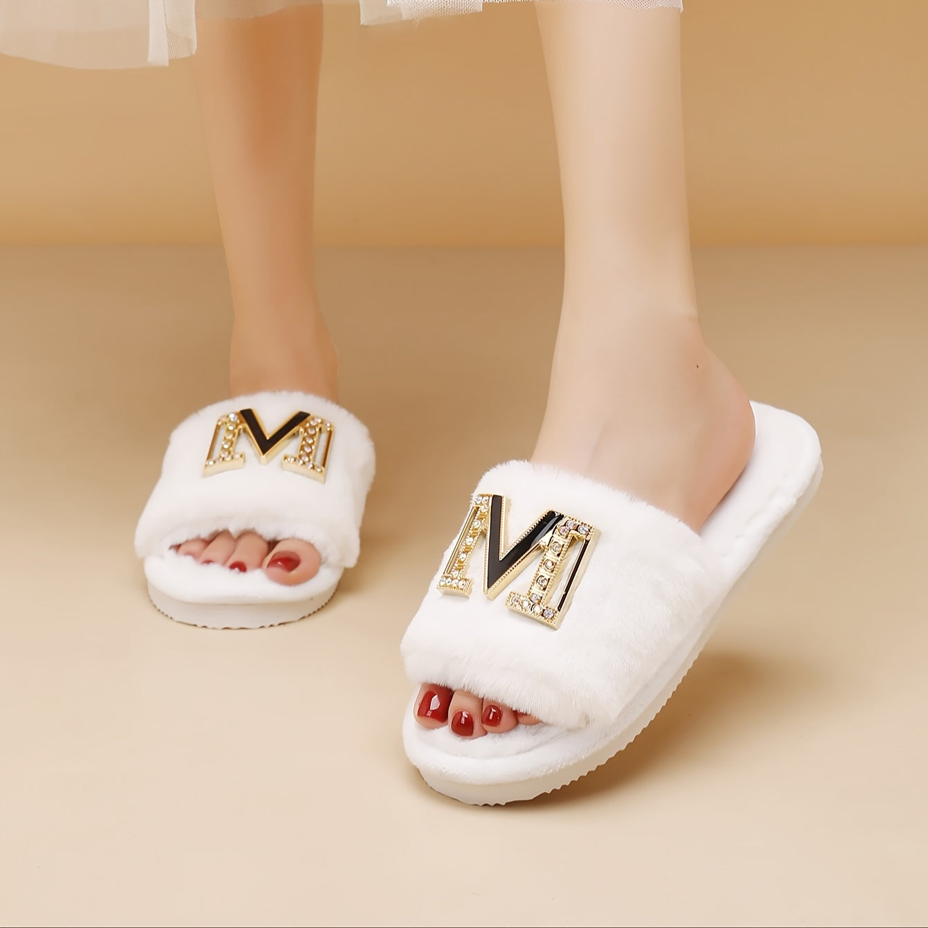 Women's Plush Slippers with Metallic "M" Design - Soft Sole, Cozy Fuzzy Fabric, Black & White Options, Comfortable Indoor Shoes for All Seasons, Ladies Slippers