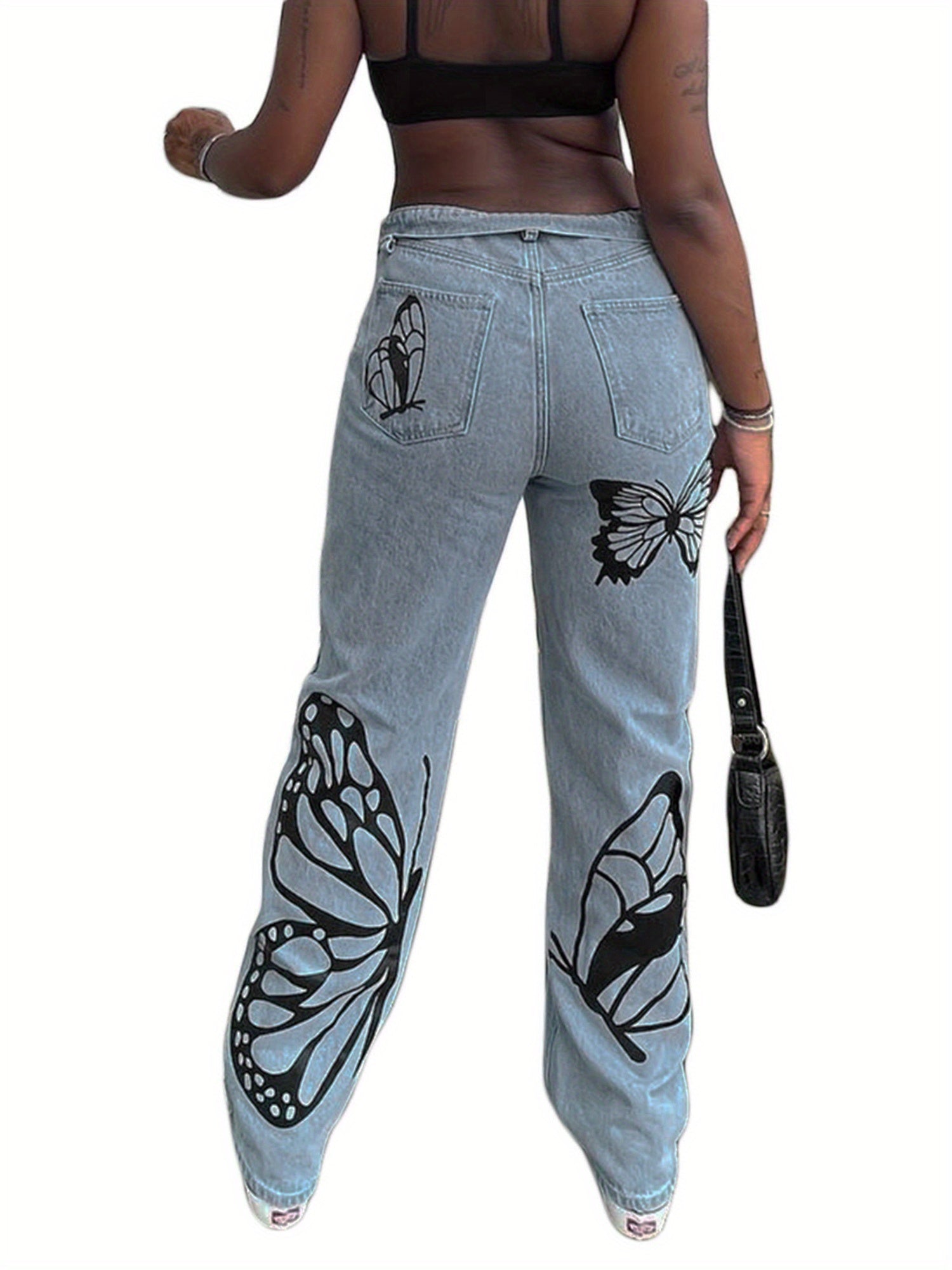 Womens Straight Leg Boyfriend Jeans, High Waist Butterfly Print Loose Denim Pants