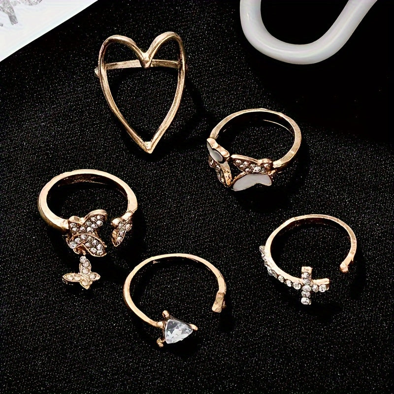 5 Elegant Heart-shaped Butterfly Triangle Rings Per Set - Bohemian Minimalist Stacked Women's Rings - An Ideal Choice For Valentine's Day, Gifts, And Daily Wear