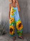 Women's Bohemian Sunflower Print Wide-Leg Jumpsuit with Pockets - Vibrant Floral Design, Casual Sleeveless Romper for Spring/Summer, Lightweight Polyester Blend, Machine Washable, Outdoor Apparel | Bohemian Style | Elastic Wa