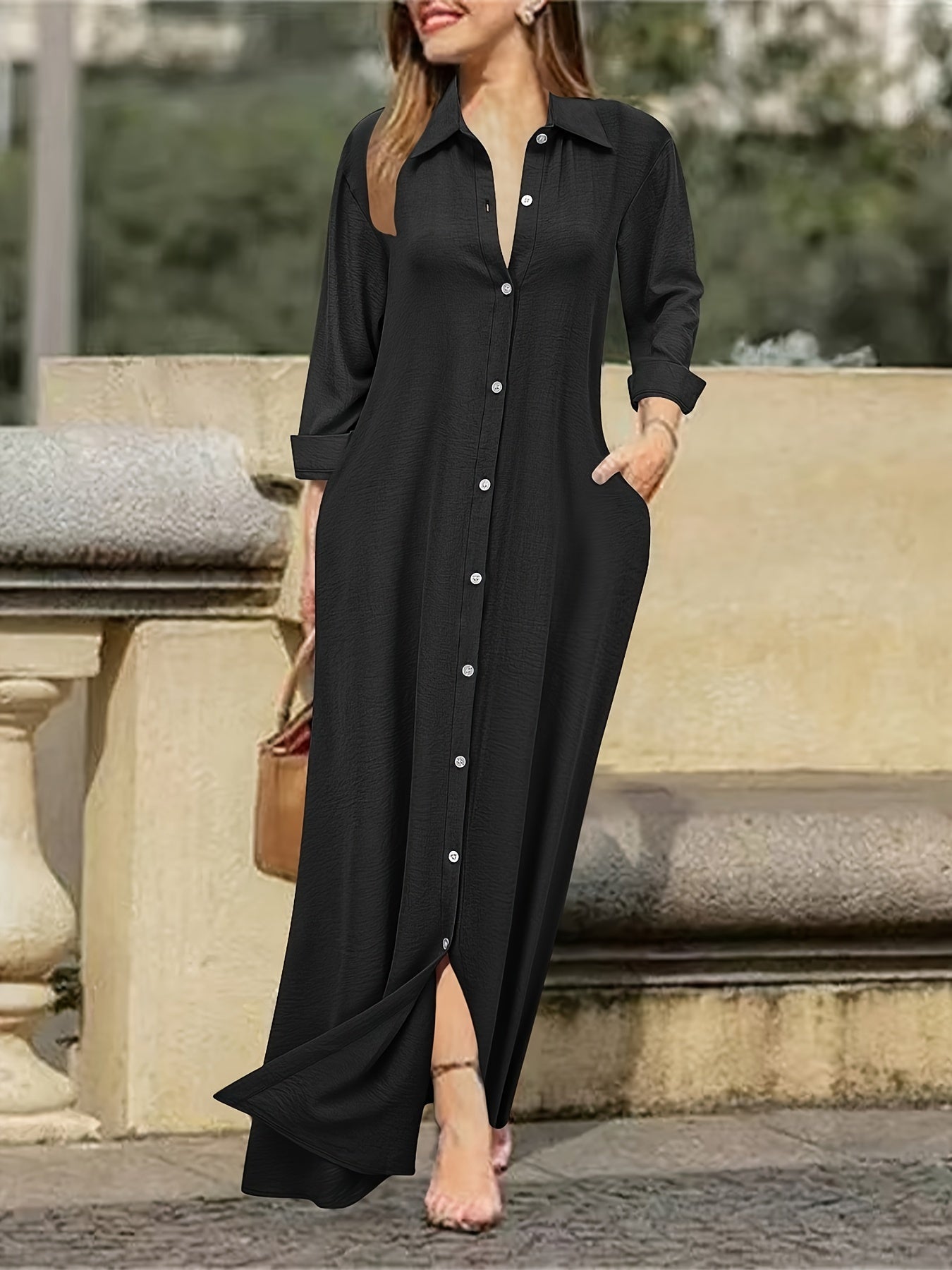 Women's Long Sleeve Shirt Dress - Casual Solid Color Polyester Button-Up with Woven Fabric, Adult All-Season Fashion Dress with Collar