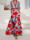 Women's Floral Print V-Neck Short Sleeve A-Line Dress - Red & Light Blue Summer Casual to Party Dress with Split Hem, Machine Washable Loose Fit Streetwear, Short Party Dress, Cocktail Attire, Comfortable Wear