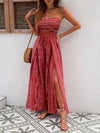 Bohemian Style Bandeau Dress, Polyester 100% Shirred Maxi Jumpsuit with Side Slit, Ethnic Print Chiffon Wide Leg Romper for All Seasons, 230g/m² Woven Fabric, Adult Fashion