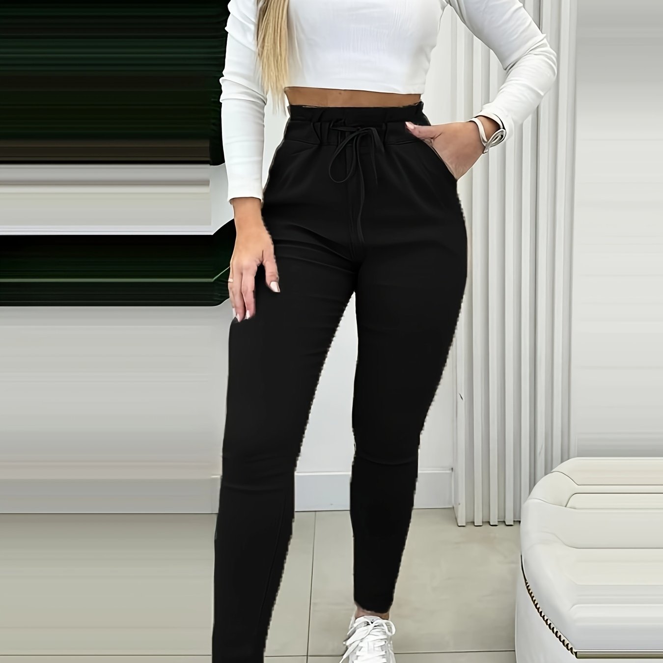 Women's Beige High-Waist Jogger Pants with Drawstring and Pockets - Casual, Stretchy Polyester Blend, Machine Washable