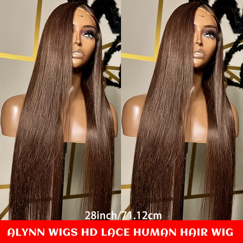 Spring 255% Straight Human Hair Full HD Lace T Part Straight Lace Frontal Wig Chocolate Brown Brazilian Hair #4 Dark Brown 13X6X1 Transparent Lace Front Wig Natural Hairline 13X6 T Part Wig with Baby Hair for Women Daily Wear