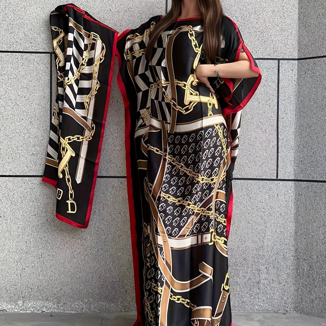 Modest Kaftan Dress - Elegant Batwing Sleeve Loose Maxi Dress with Hijab, Chain Print Boat Neck Design, Comfortable Women's Clothing for Everyday Wear