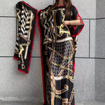 Modest Kaftan Dress - Elegant Batwing Sleeve Loose Maxi Dress with Hijab, Chain Print Boat Neck Design, Comfortable Women's Clothing for Everyday Wear
