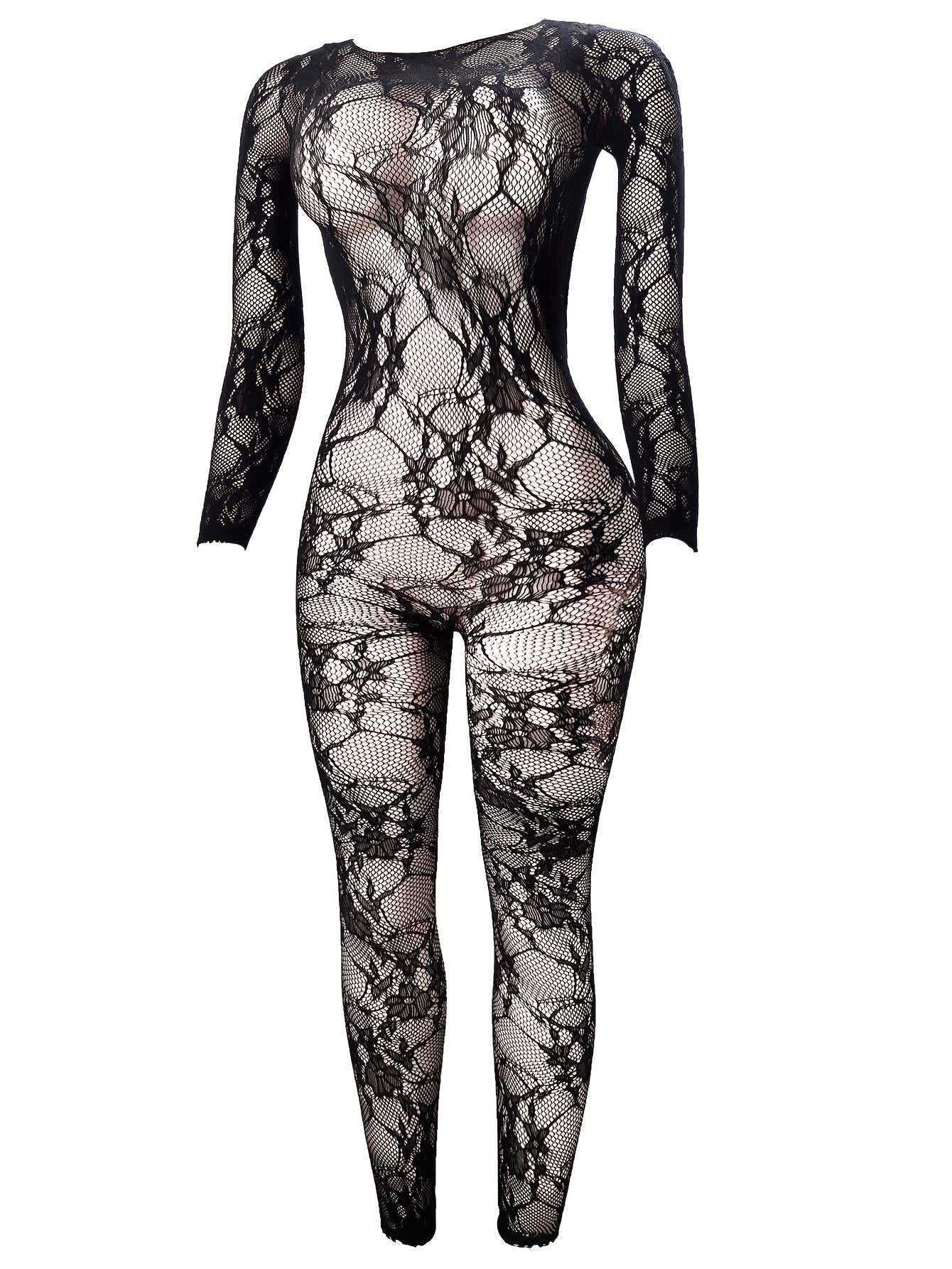 1pc Women'S Sexy Long Sleeve See-Through Bodystocking Jumpsuit - Black Hollow Out Design, Open Crotch Body Stocking for Music Festivals, Christmas & Valentine'S Day Parties, Party Wear|Sexy Jumpsuit|See-Through Bodystocking