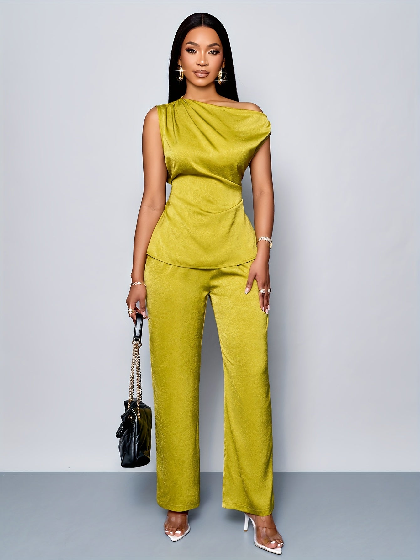 Women'S Casual Solid Color Asymmetrical Neck Top and Pants Set, Sexy Fashionable Business Commute Two-Piece Outfit for Office Work, Polyester Elastane, Spring/Summer Collectio
