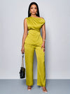 Women'S Casual Solid Color Asymmetrical Neck Top and Pants Set, Sexy Fashionable Business Commute Two-Piece Outfit for Office Work, Polyester Elastane, Spring/Summer Collectio
