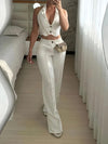 Women's Elegant White Polyester Two-Piece Set: V-Neck Button Crop Top & High-Waisted Wide-Leg Pants - Machine Washable, Chic Casual Style, Versatile Clothing Set|Elegant Twopiece|Tailored Suit