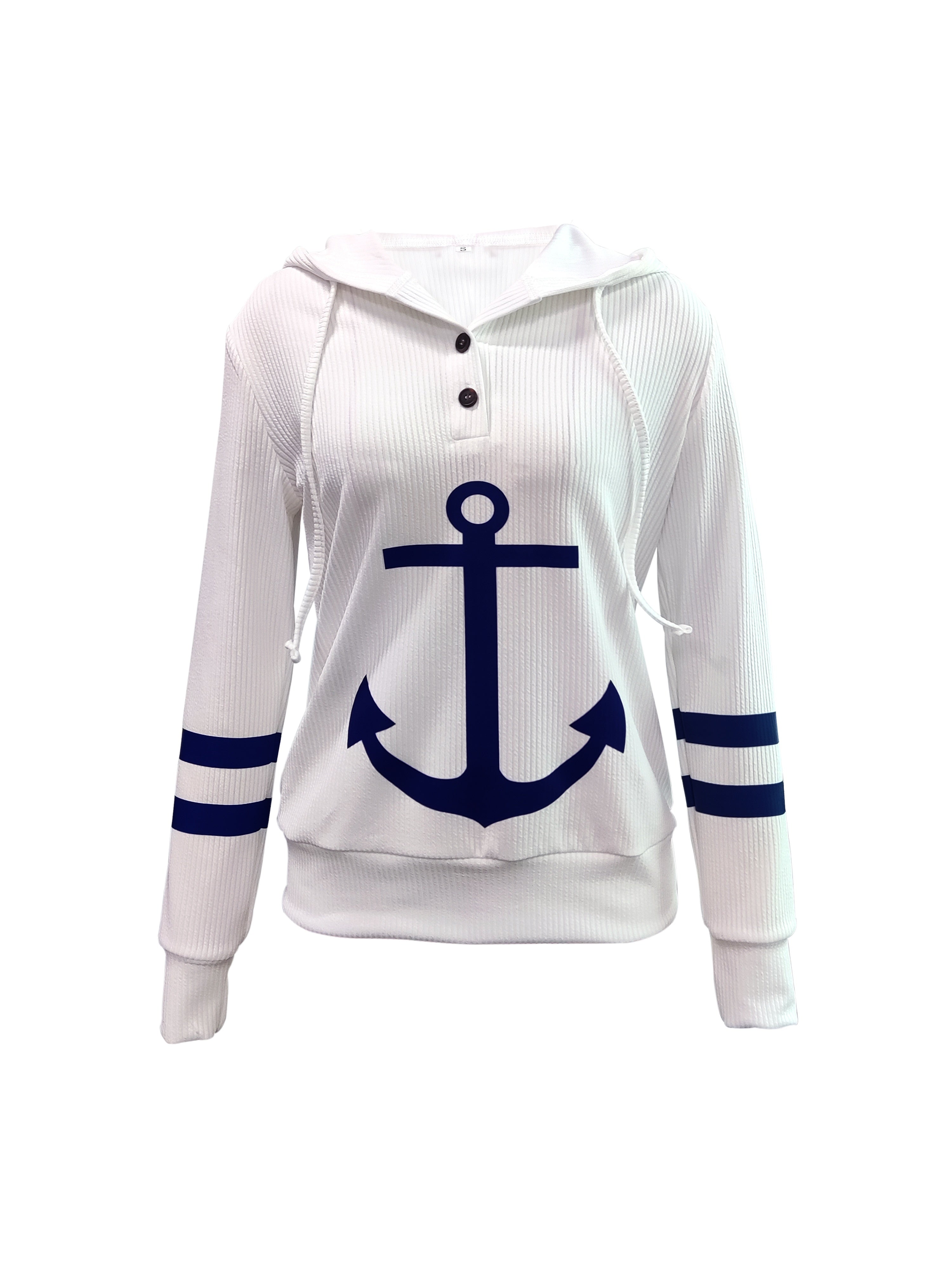 Stylish Anchor Print Button Hoodie - Soft Casual Long Sleeve Drawstring Sweatshirt with Relaxed Fit, Women's Comfortable Clothing for Daily Wear