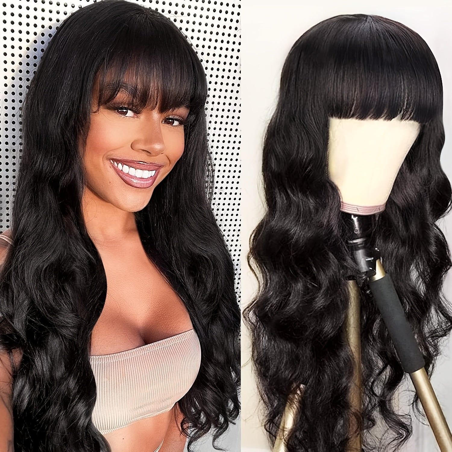 150% Density 100% Brazilian Virgin Human Hair Wig - Long Body Wavy with Bangs, Glueless Full Machine Made, Natural Black #1B - Perfect Gift for Women, New Year, Birthday & Valentine's Day