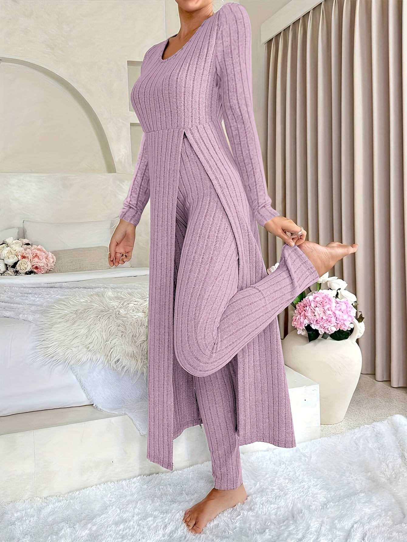Short Sleeve V Neck Solid Color Ribbed Pants Set, Elastic Waist Slim Outfits with Long Length Top, Casual Women's Clothing