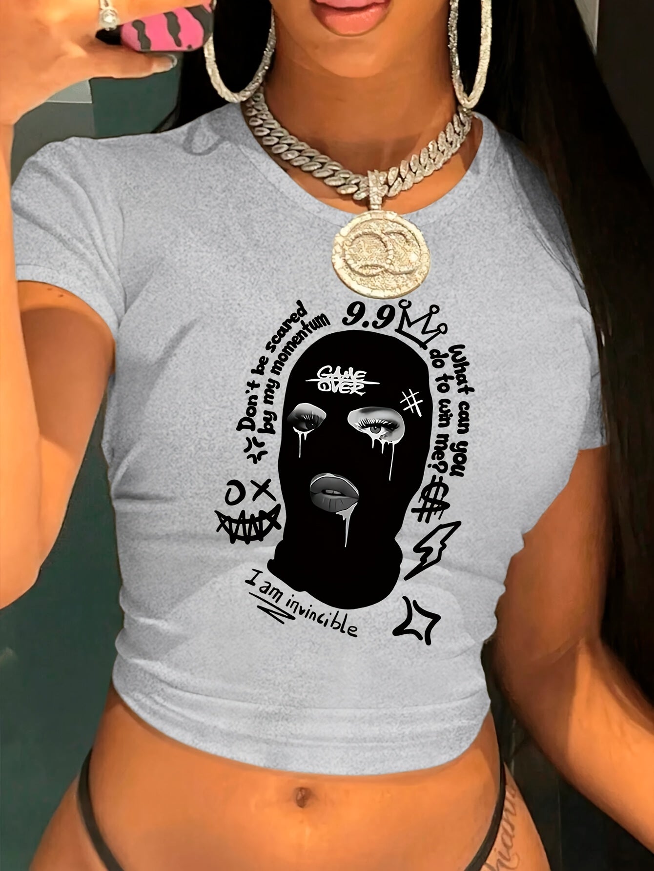 Women'S Y2K Graphic Crop Top T-Shirt - Black Short Sleeve with Unique Black and White Print, Casual Spring/Summer/Fall Wear, Crop Top Blouse