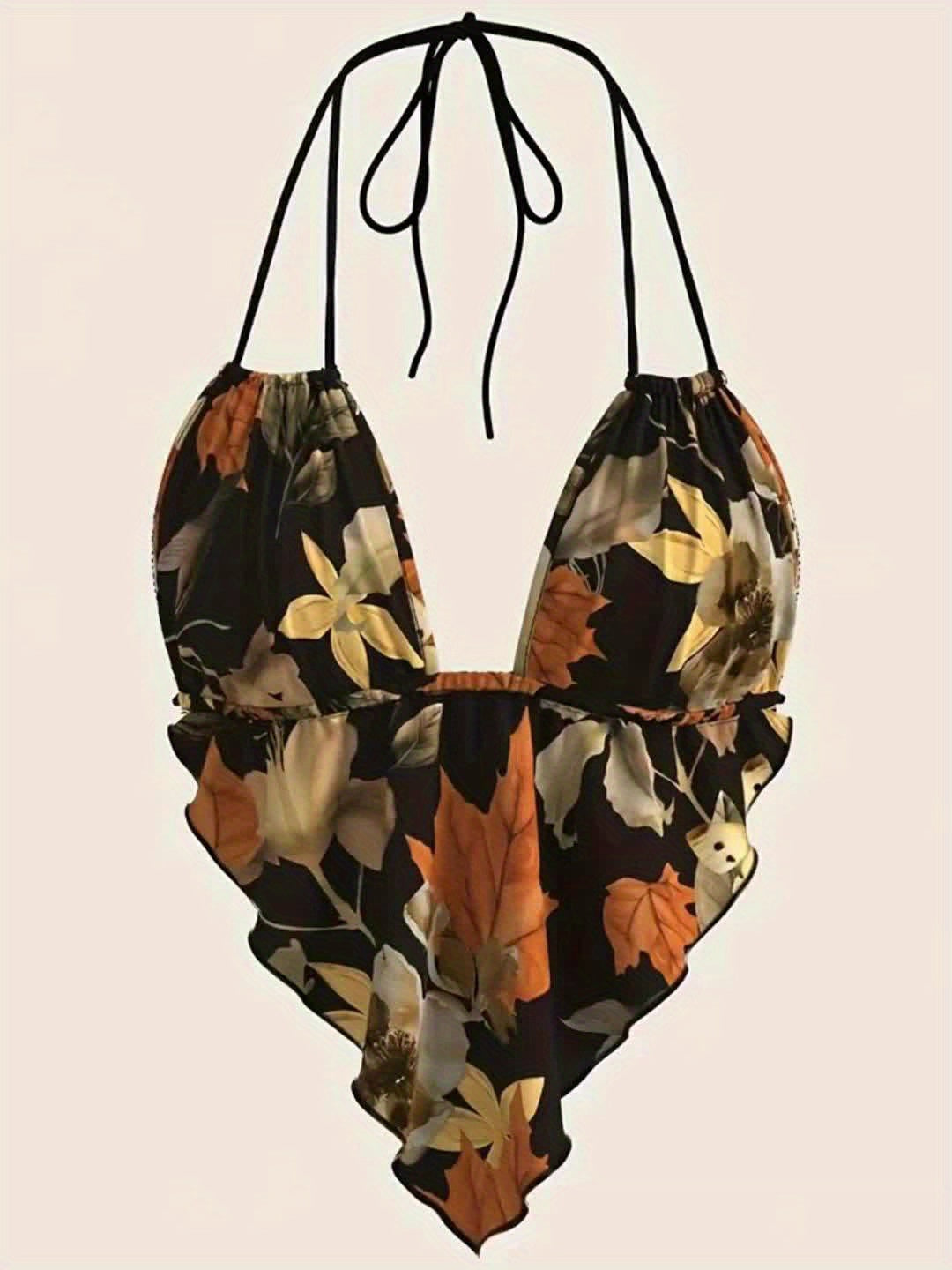 Hawaiian style random printed maple leaf backless halter top, daily casual summer wear halter top, sleeveless V-neck, irregular printed halter top, slim fit, thin shoulder strap, backless design suitable for summer casual wea